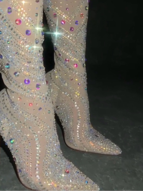 Miss Lola Shoes - Miss Lola Nude Over-the-Knee Crystal Embellished Boots